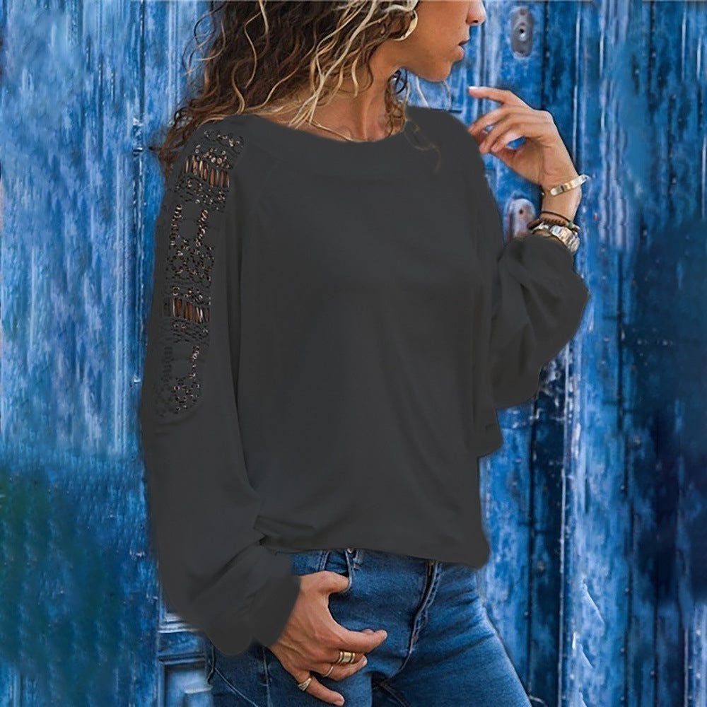 Hollow Long Sleeve Loose Lace T-shirt