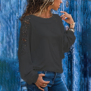 Hollow Long Sleeve Loose Lace T-shirt