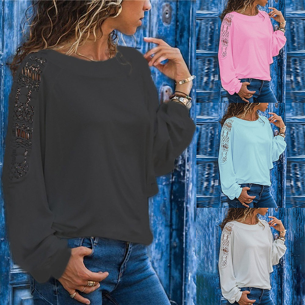 Hollow Long Sleeve Loose Lace T-shirt